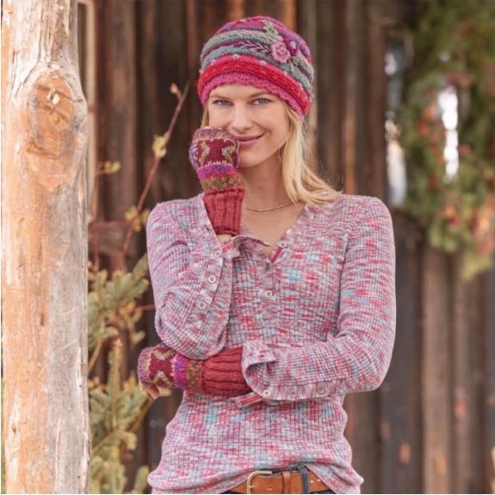 Sundance Create Beauty Space Dye Raspberry Knit Henley Top Size Small